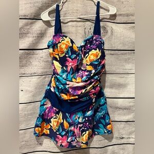 Into the Bleu Colorful Floral Blue Swimsuit Skirted Bright Size 14 Multi Color